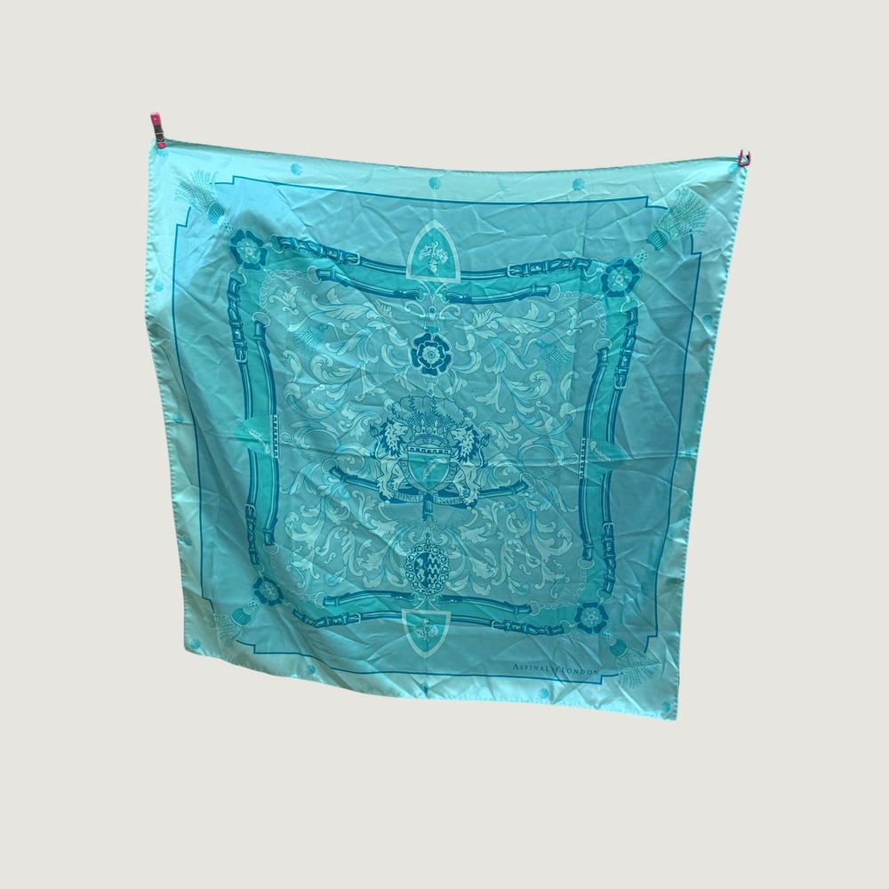 Aspinal of London Silk Square Scarf Turquoise Blue Crest Equestrian Preppy Boho